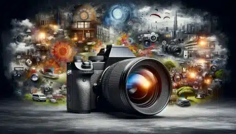 Cameras with prime and zoom lenses against a mixed backdrop of nature, urban, and studio scenes, symbolizing photography's versatility.