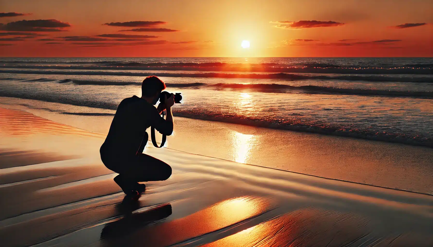 Photographer capturing a sunset at the beach using the rule of thirds.