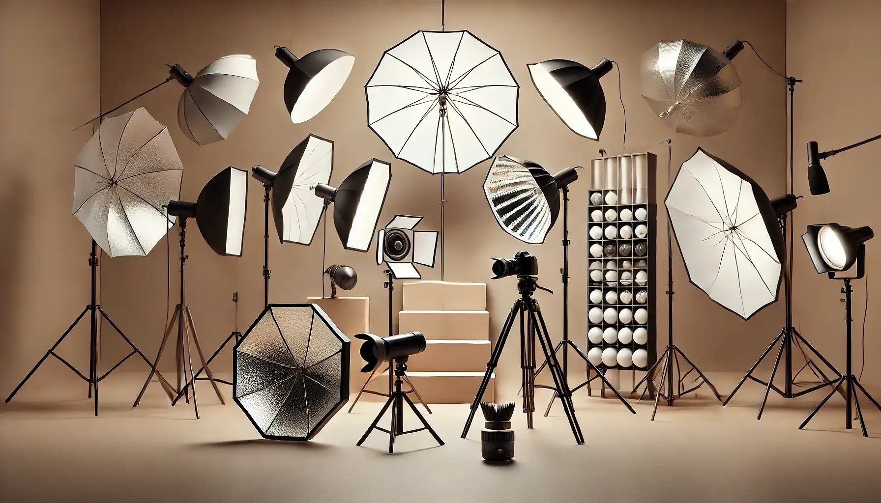 A variety of light modifiers arranged in a photography studio, including softboxes and umbrellas