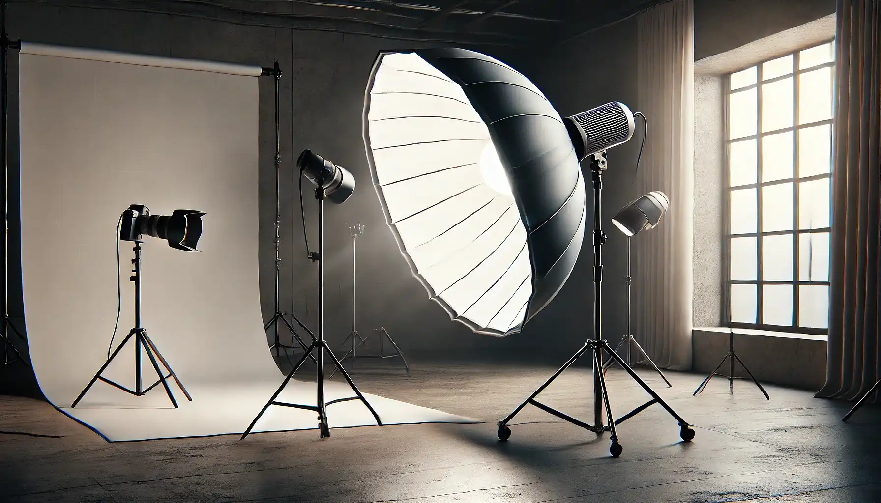 A softbox lighting setup in a photography studio, demonstrating diffused and soft illumination