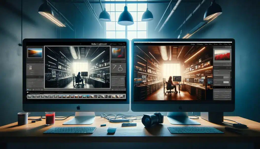 A person comparing photo editing and graphic design software on two computers side by side, illustrating a dual-screen productive workspace