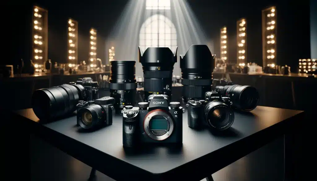 A range of professional cameras suited for fashion photography displayed in a modern studio.