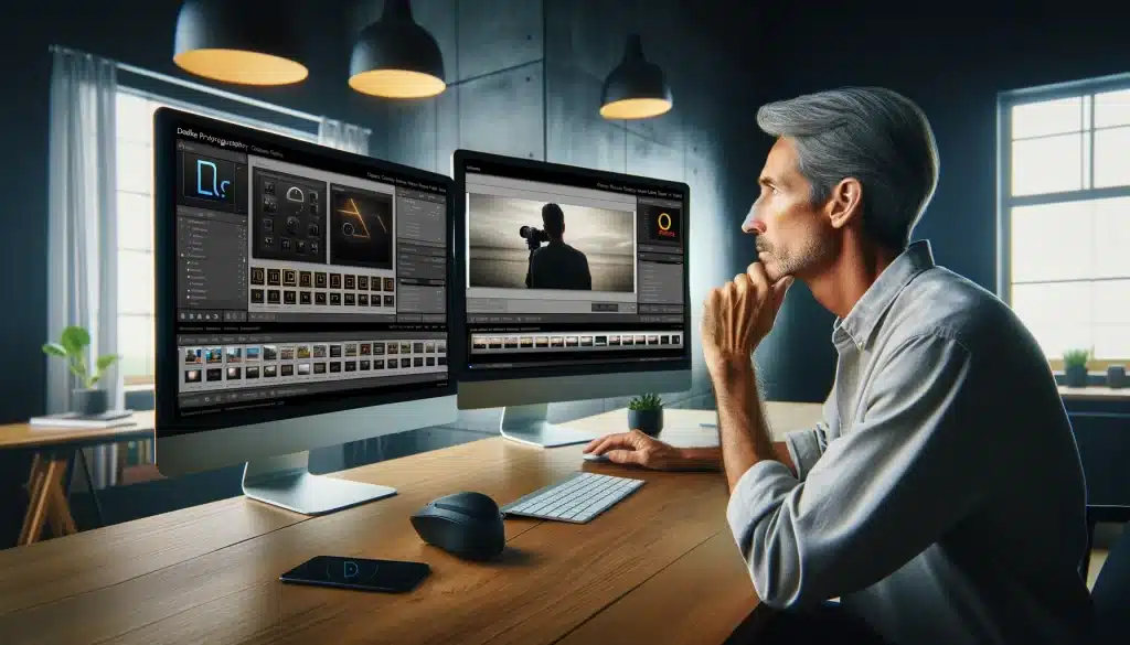 A photographer pondering over choosing between two retouching software displayed on monitors in a bright studio, surrounded by photography equipment