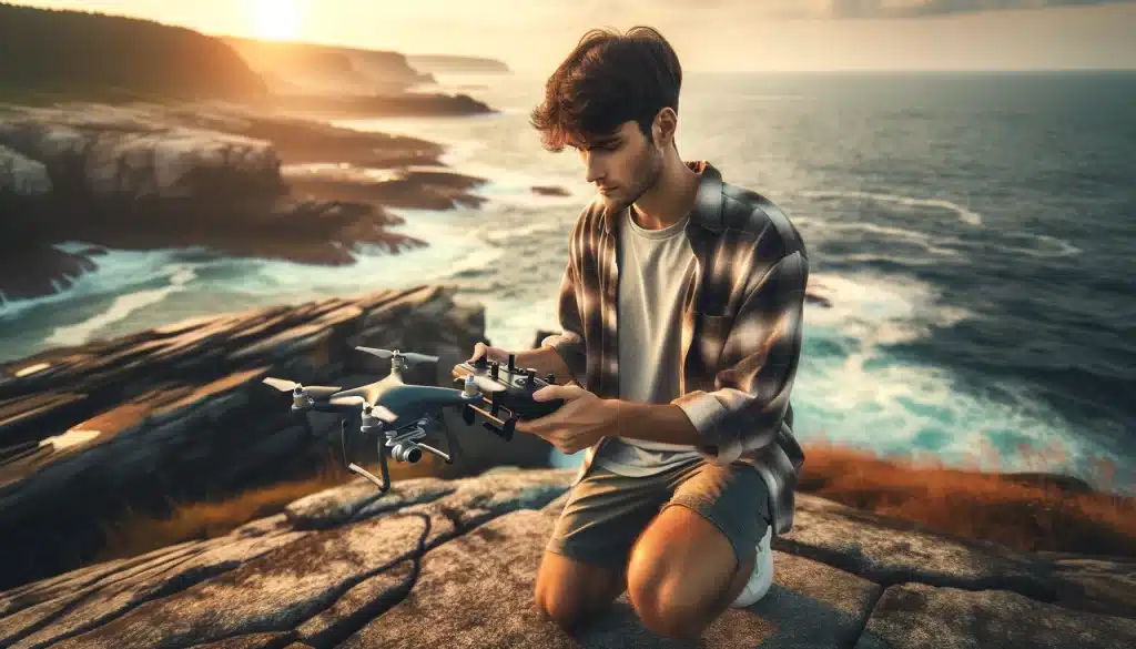 Person conducting drone photography on a rocky coastline at sunrise, with a drone flying over the ocean.