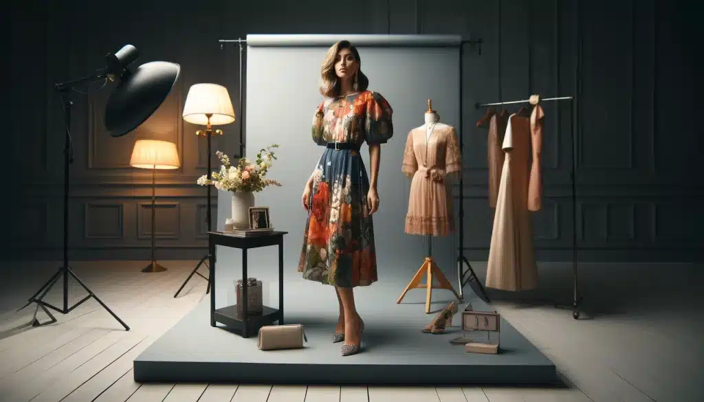 A model in a floral dress with subtle accessories in a studio, showcasing styling techniques.