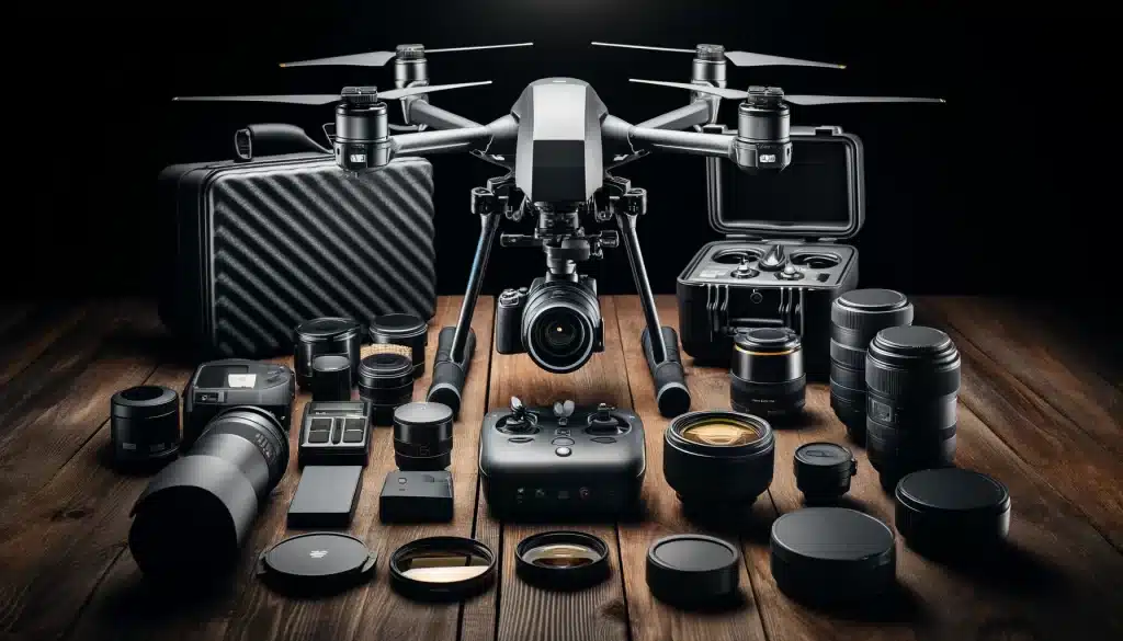 Drone photography equipment including a camera drone, lenses, filters, and accessories on a wooden table.