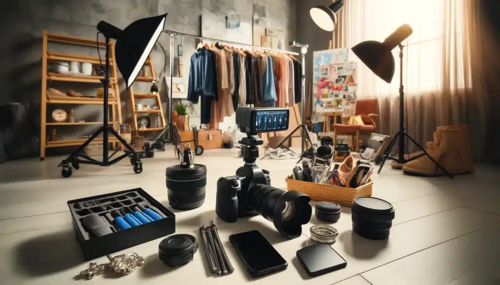 A variety of photography equipment in a fashion studio, including a DSLR camera, lenses, studio lights, a reflector, and a smartphone on a tripod.