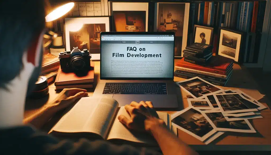 A researcher studying film development FAQs at a desk laden with photography books and notes, symbolizing a deep dive into film photography knowledge.