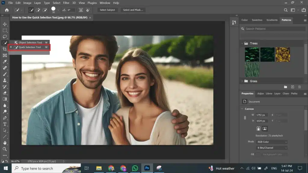 A screenshot of the Photoshop interface with the Quick Selection Tool highlighted, featuring a smiling man and woman on the canvas.