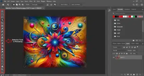 A screenshot of the Photoshop interface highlighting the selection tools on the left toolbar, with a vibrant, colorful artwork displayed on the canvas.