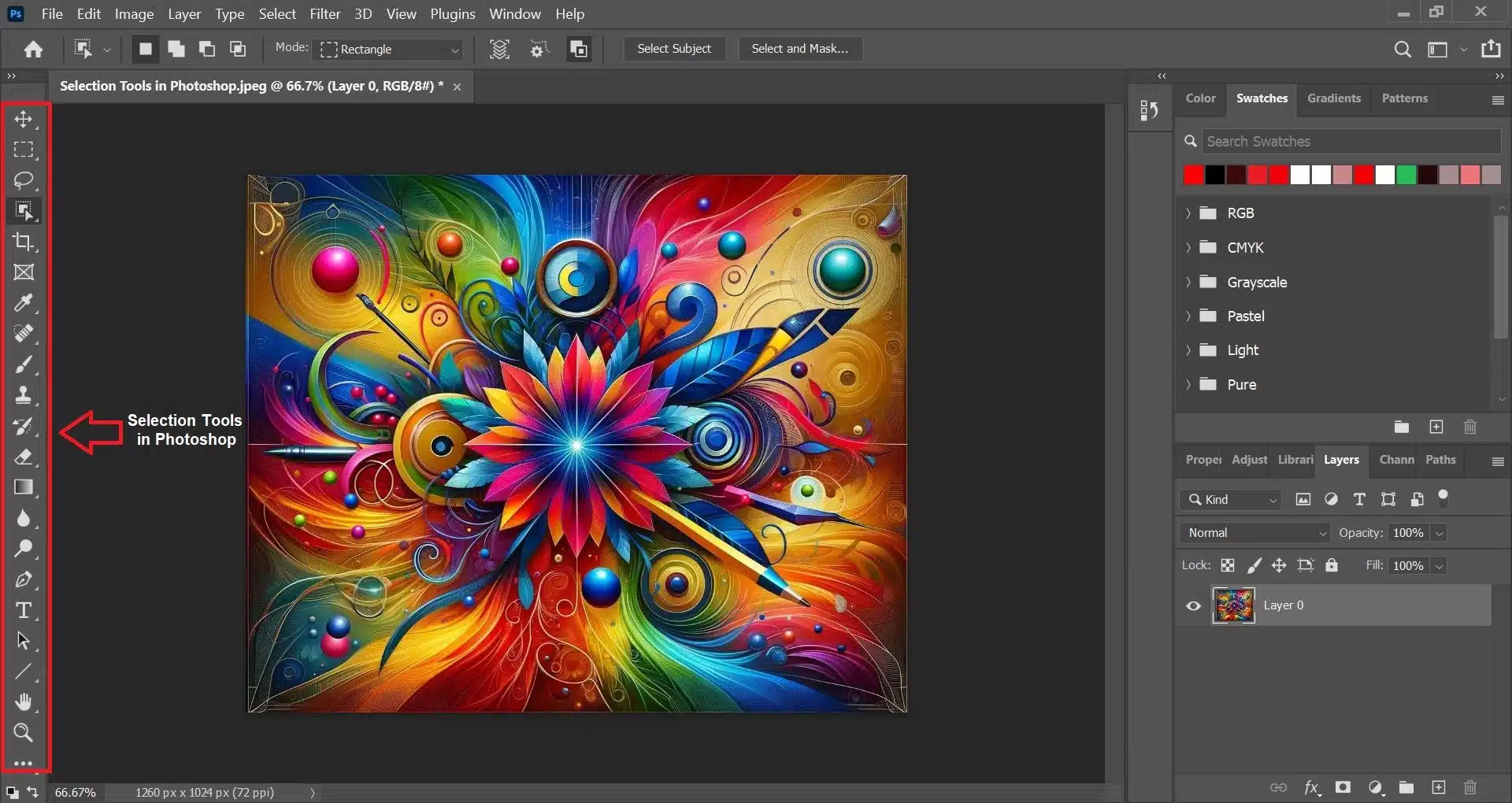 A screenshot of the Photoshop interface highlighting the selection tools on the left toolbar, with a vibrant, colorful artwork displayed on the canvas.