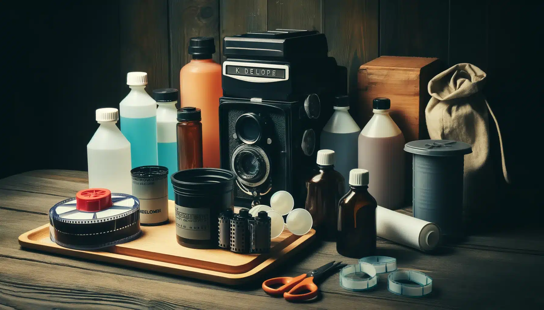 Traditional film development equipment arranged on a wooden table in a dimly lit room, capturing the essence of home film processing.