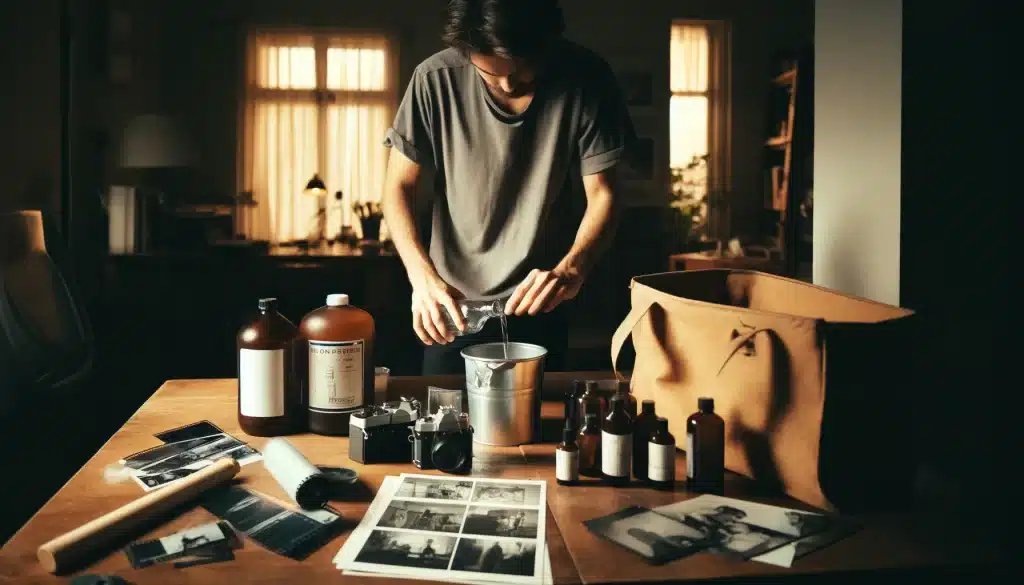 Person developing film at home, pouring chemicals into a tank on a wooden table, surrounded by film development tools and black and white photographs.