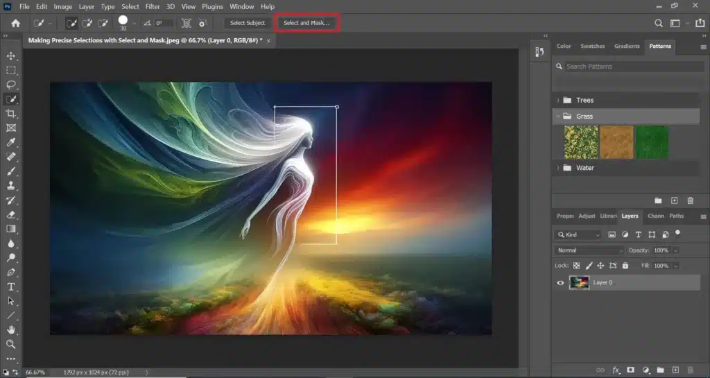 A screenshot of the Photoshop interface highlighting the "Select and Mask" feature, with a colorful, abstract artwork displayed on the canvas.