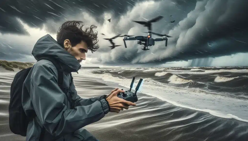 Drone photographer contending with strong winds and stormy weather on a coastal area, struggling to stabilize his drone.