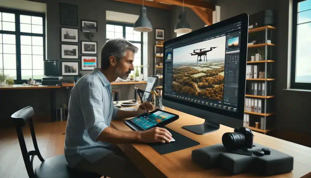 Photographer editing drone photographs on a large monitor in a modern home office setup.