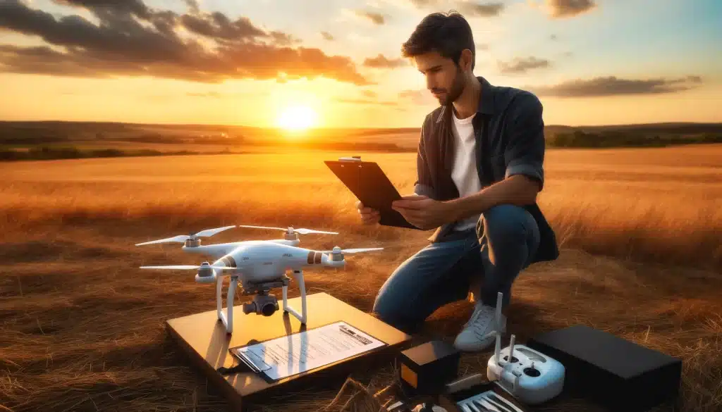 Drone photographer performing pre-flight checks in a field at sunset, with drone accessories on a nearby table.