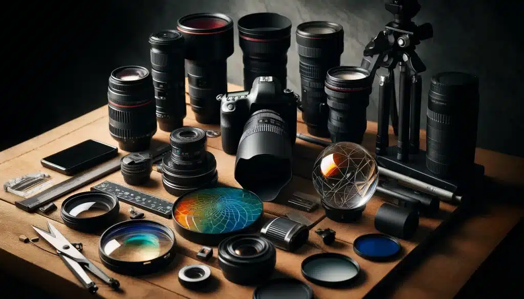 Photography equipment on a workbench, including a DSLR camera, various lenses, filters, a tripod, a lensball, and prisms for abstract photography.