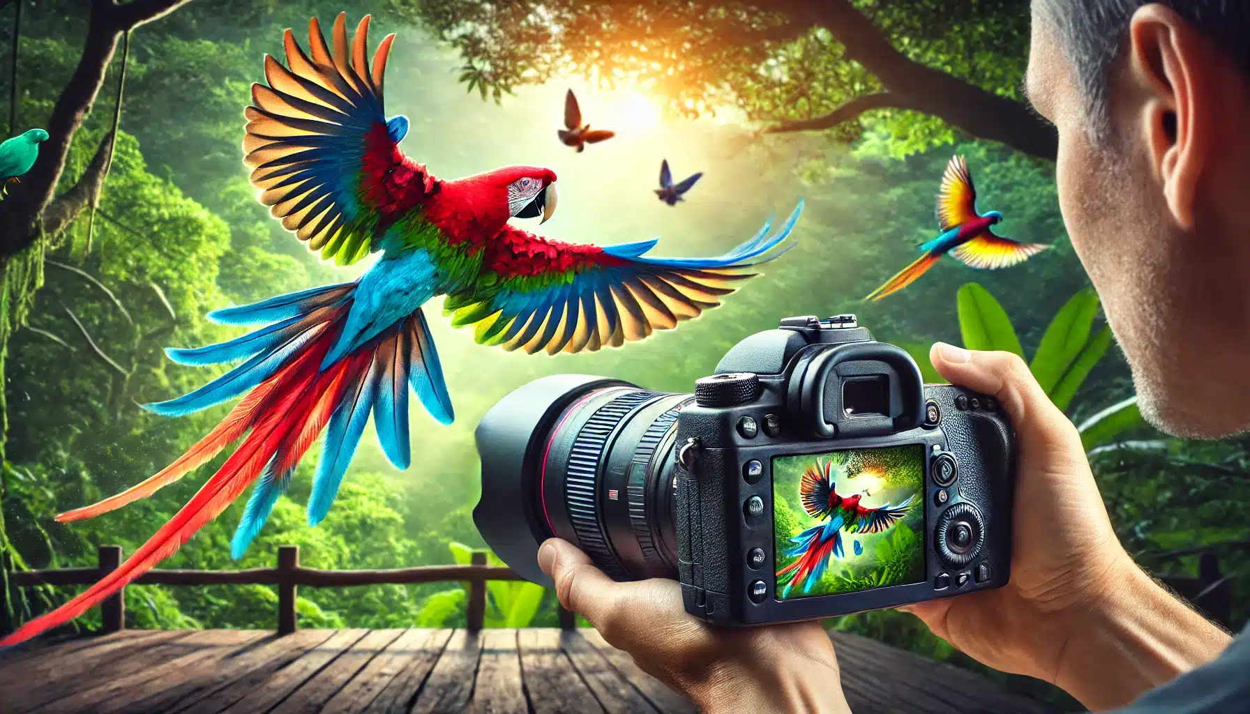 A Shooter capturing Colorful birds in various activities at a nature reserve during golden hour using Bird Photography Guide