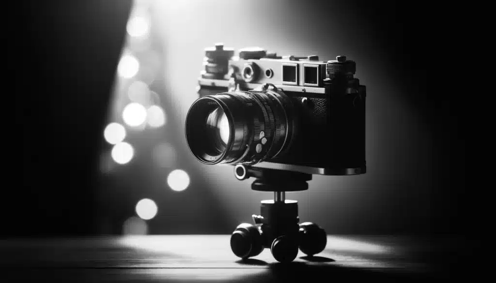 Vintage camera on a tripod capturing a scene with contrasting light and shadows, epitomizing black and white film photography.
