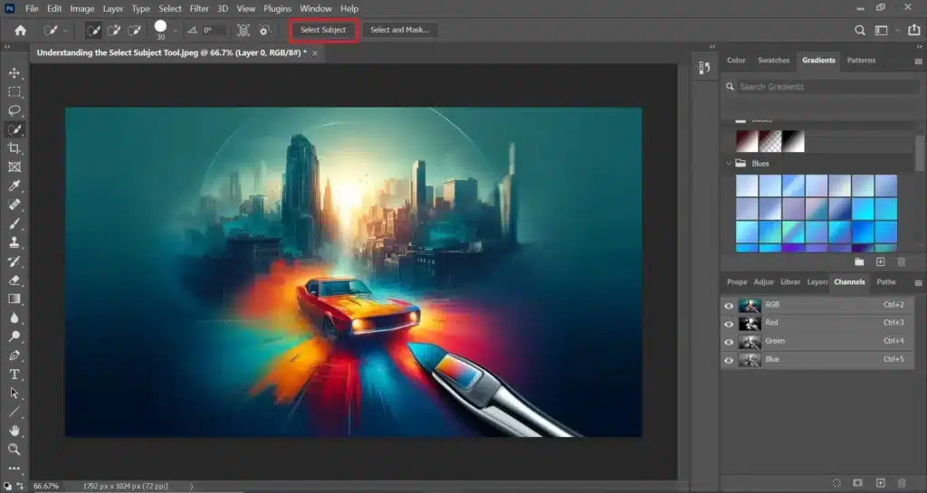 A screenshot of the Photoshop interface highlighting the "Select Subject" tool, with a vibrant artwork of a car and cityscape displayed on the canvas.