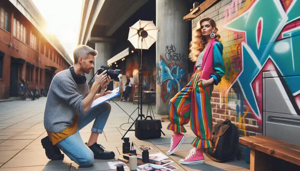 Fashion photographer and model at an urban photo shoot, showcasing preparation and vibrant street style.