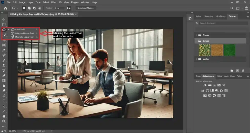 A screenshot of the PS interface highlighting the Lasso accessory and its variants, with a photograph of a man and woman working together in an office displayed on the canvas.