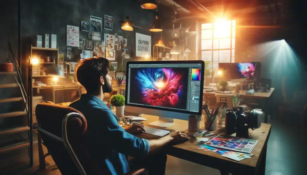 Professional photographer in a vibrant workspace reviewing an edited image on Photoshop, surrounded by creative elements.