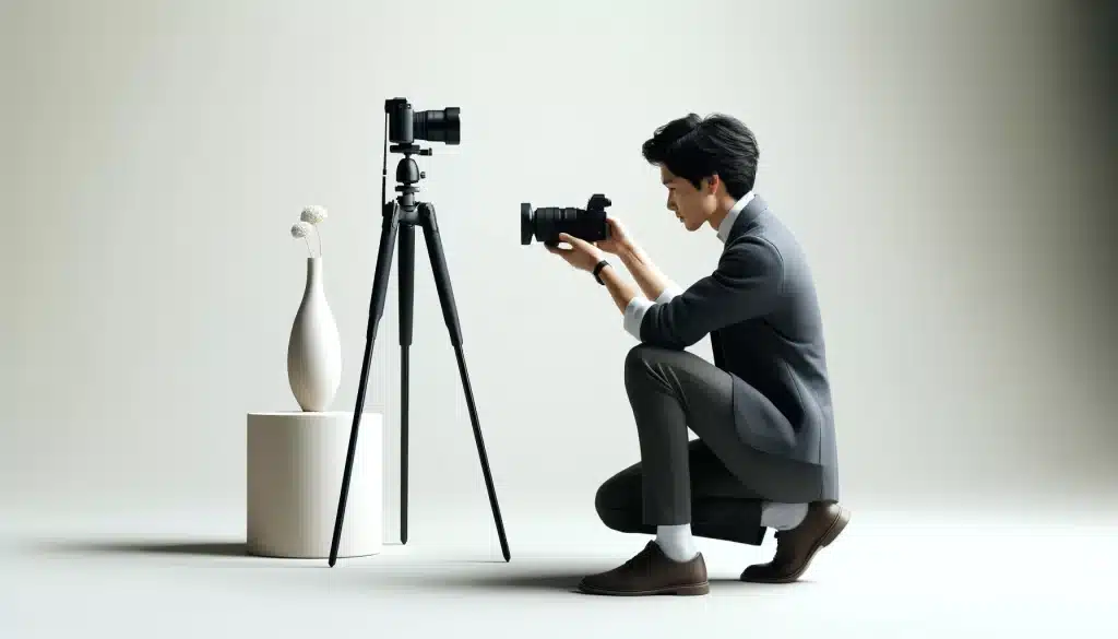 A photographer taking a minimalist photo of a white vase with a flower
