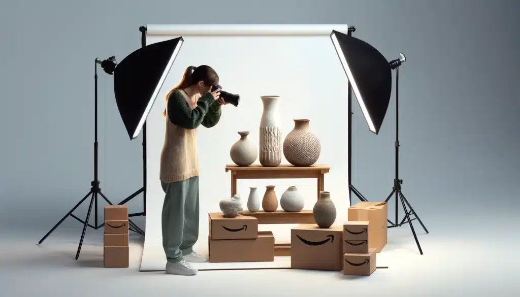 Woman named Sarah photographing handmade ceramic vases with a basic lighting kit and white background