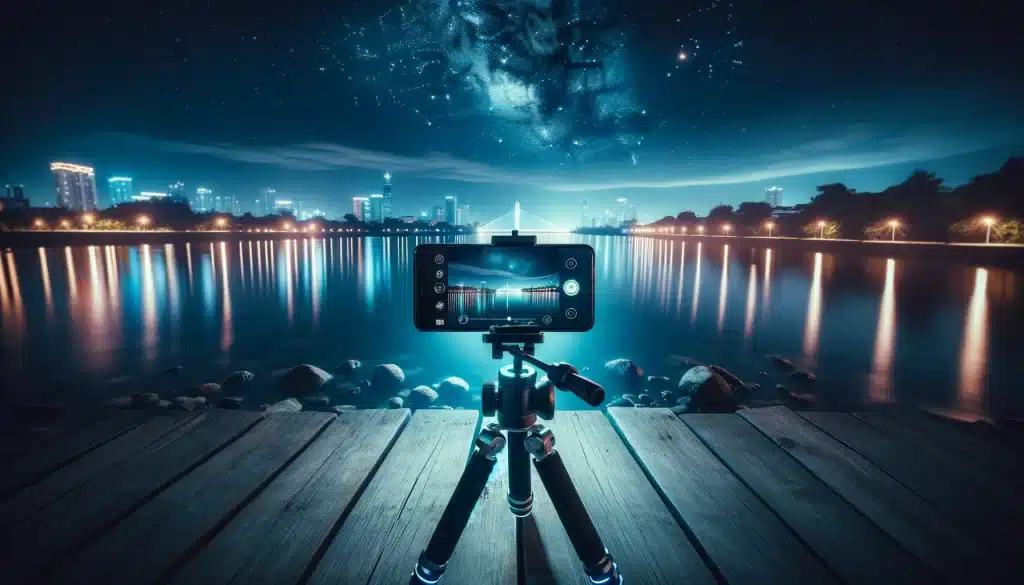 Smartphone on tripod capturing city light trails and smooth river surface at night using long exposure settings