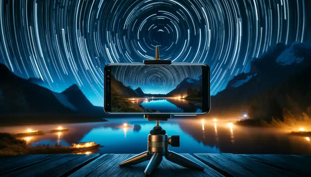 Smartphone captures star trails and light painting in a night landscape, illustrating advanced long exposure techniques.