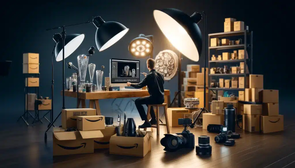 Amazon product photography studio showing various challenges like inconsistent lighting and reflections