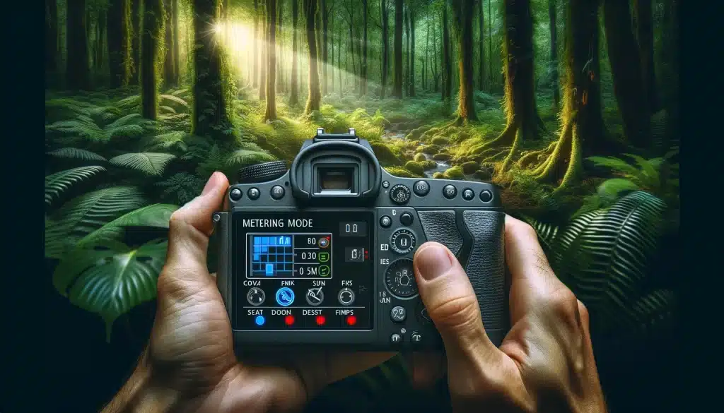 Photographer adjusting metering mode on camera in a forest with varied lighting conditions.