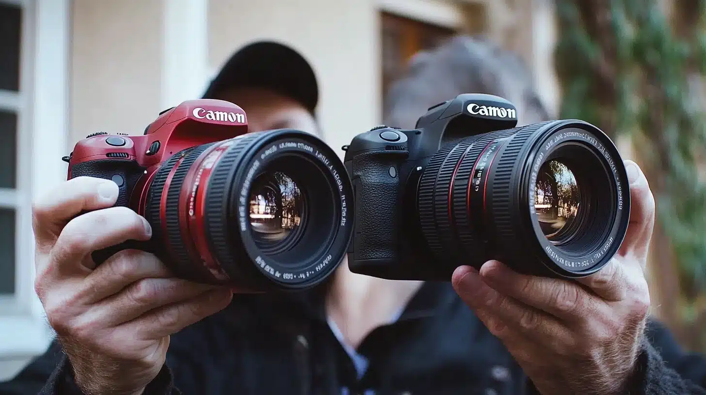 A photographer holding two different cameras with the same lens attached, illustrating compatibility across camera models.