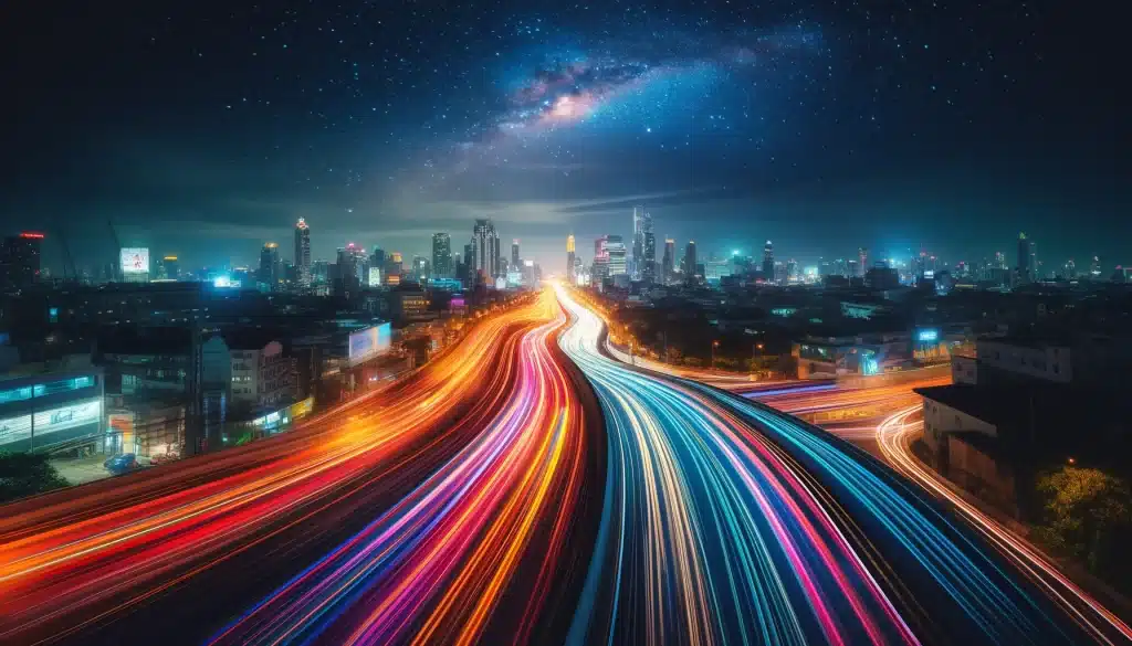 Long exposure photo of vibrant car light trails on a city highway at night captured with a smartphone.