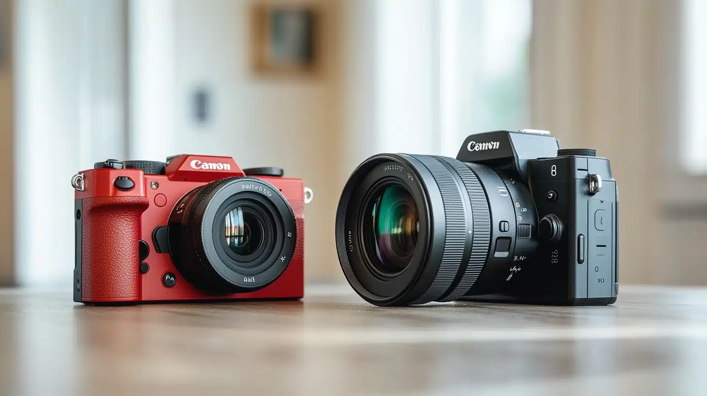 Side-by-side comparison of a crop sensor camera and a full-frame camera placed on a table, showing their size and design differences.