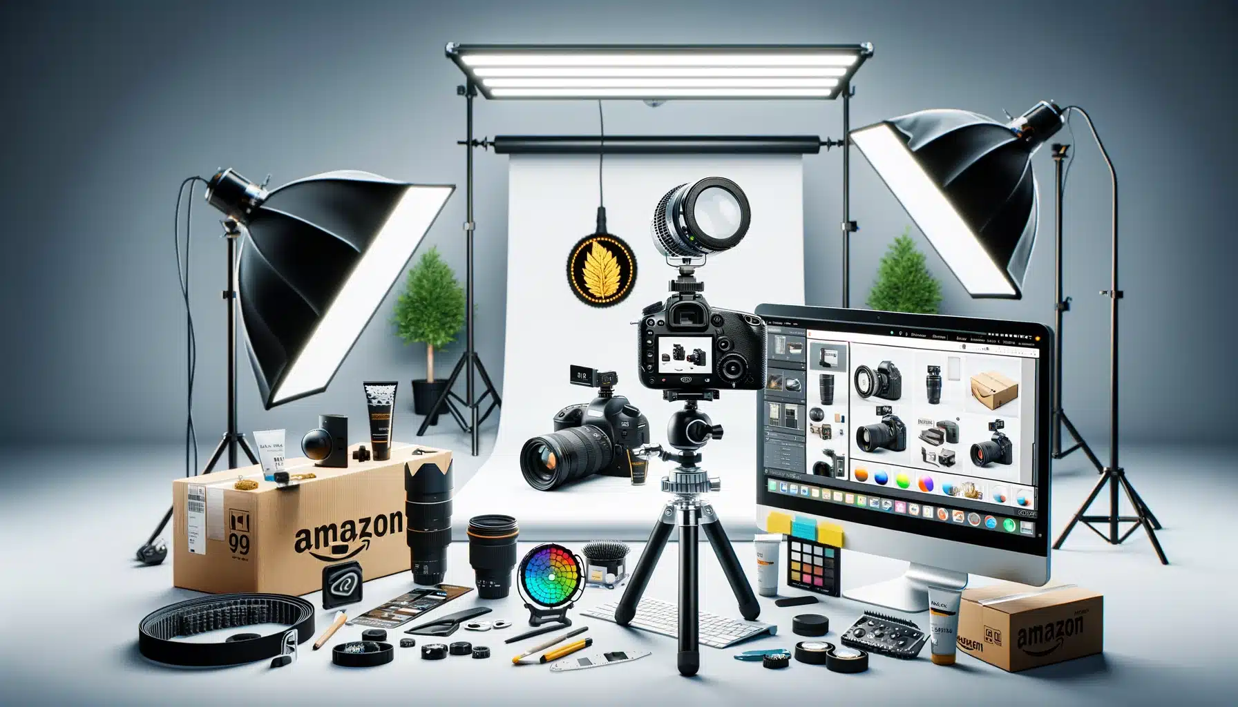 Amazon product photography studio with camera on tripod, softbox lighting, and editing software