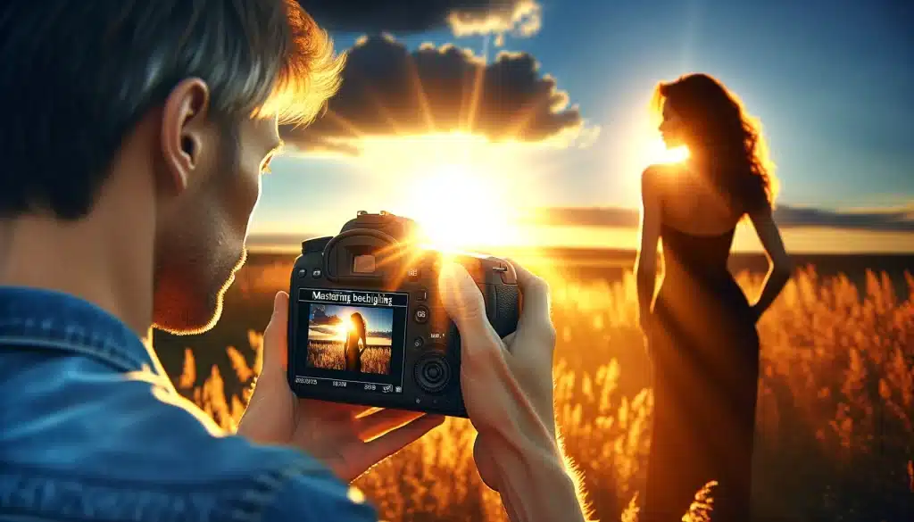 Photographer reviewing a backlighting portrait on their camera screen with the model standing in the background at sunset.