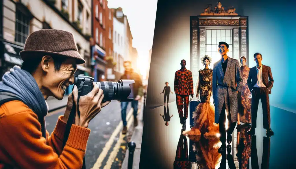 A side-by-side comparison of editorial and fashion photography, showing a candid city scene and a stylized fashion shoot.