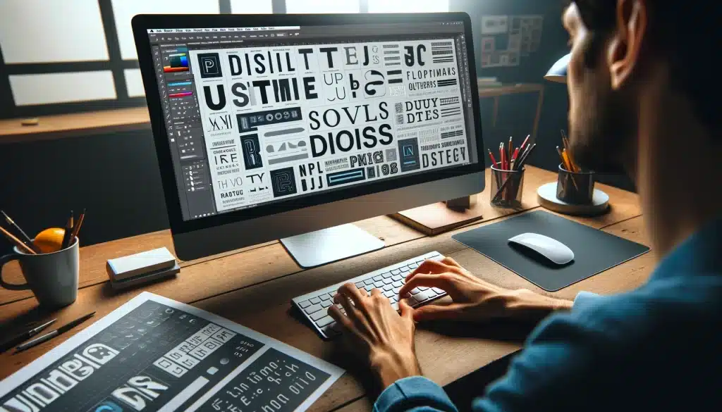 Designer working on typography in Photoshop, showcasing font selection and text styling tools on the screen.