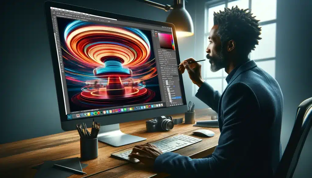Photographer applying Spin Blur in Photoshop to a carousel image, creating a dynamic sense of movement with a clear central focus and blurred surroundings.