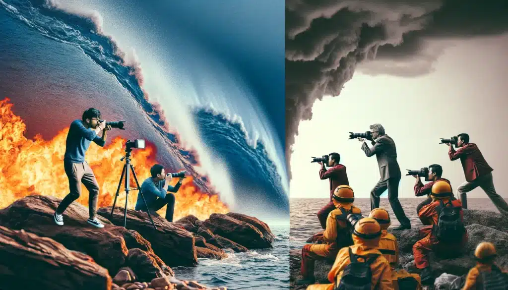 Contrast between staged seascape in editorial photography and candid disaster coverage in photojournalism.