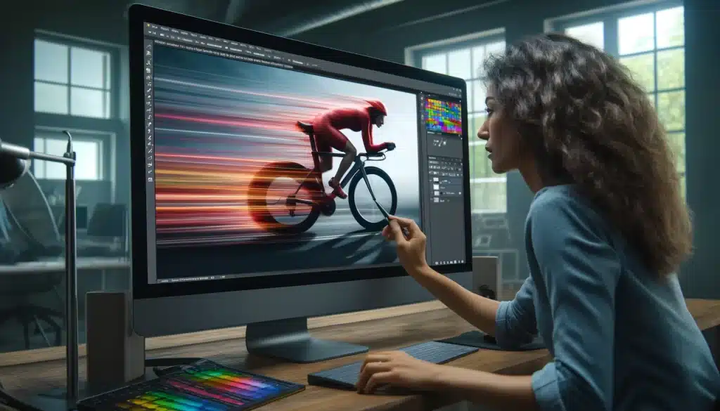 Hispanic female photographer applying Path Blur to a dynamic sports photo of a moving cyclist, enhancing the sense of motion.