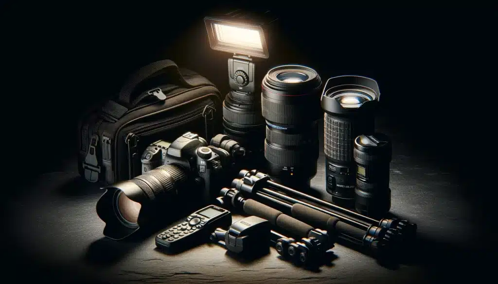 equipment for low-light conditions, featuring a DSLR camera, fast lens, tripod, and external flash, showcased in a dark setting.