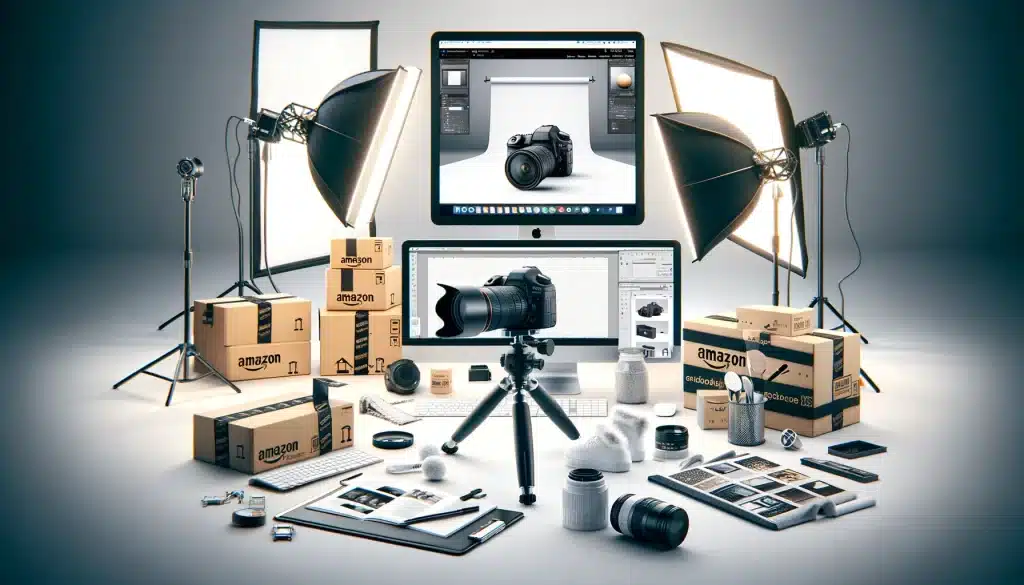 Professional setup for Amazon product photography with camera on tripod and softbox lighting