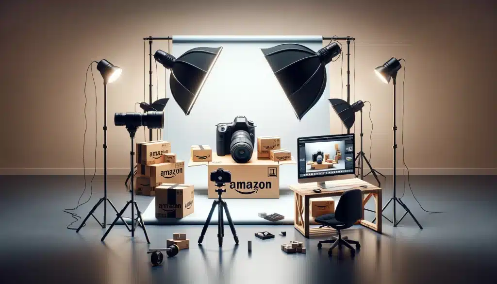 Professional Amazon product photography setup with camera on tripod and high-resolution product display