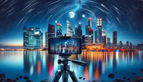 A person uses a smartphone on a tripod to capture a vibrant cityscape at night, with star trails and smooth water reflections.