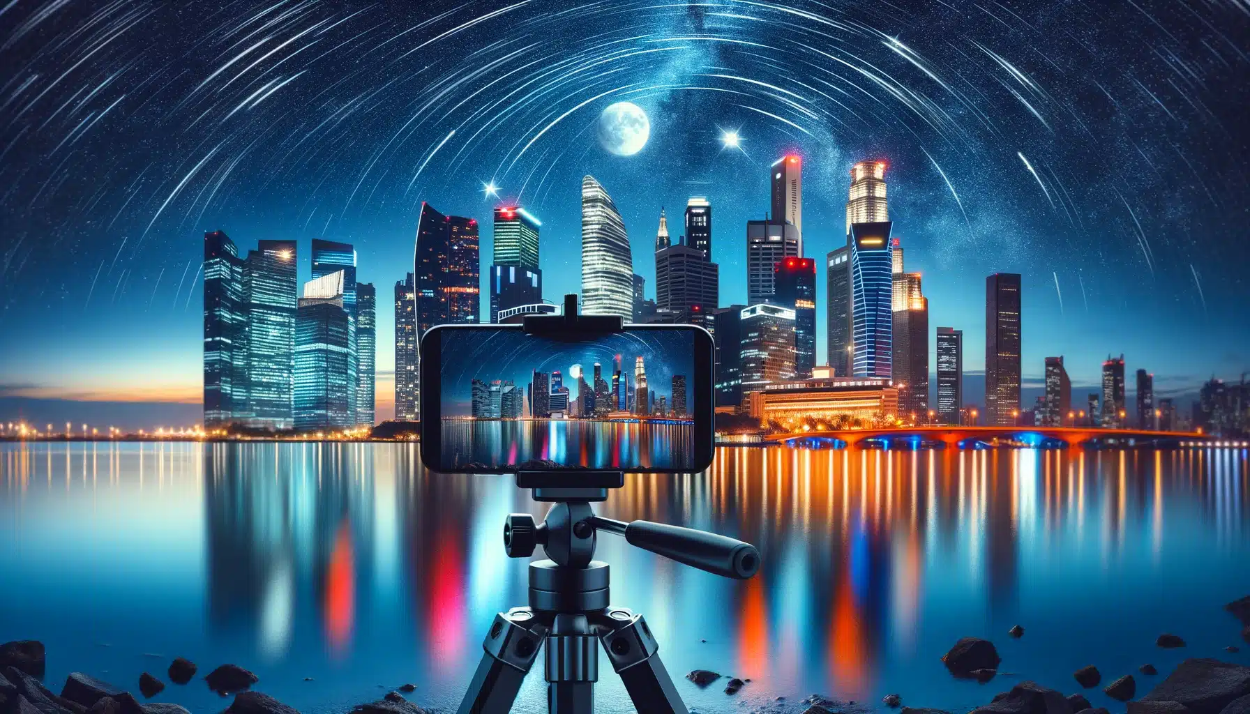 A person uses a smartphone on a tripod to capture a vibrant cityscape at night, with star trails and smooth water reflections.