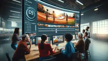 Diverse group of photographers using Photoshop’s Blur Gallery on a curved monitor in a modern editing studio, showcasing various blur effects.